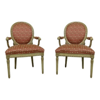 Pair French Louis XVI Style Decorator Open Armchairs For Sale