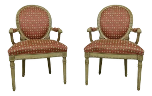 Pair French Louis XVI Style Decorator Open Armchairs