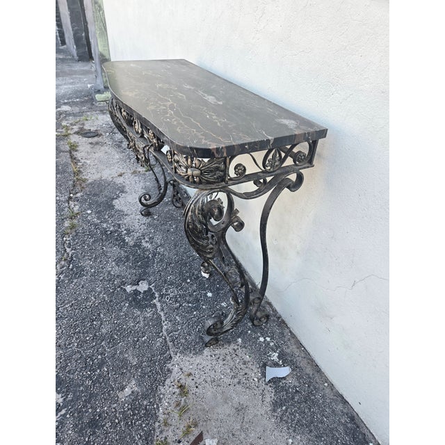 Metal 1920's French Wrought Iron Console Table Adorned W Flowers W Marble Top For Sale - Image 7 of 10