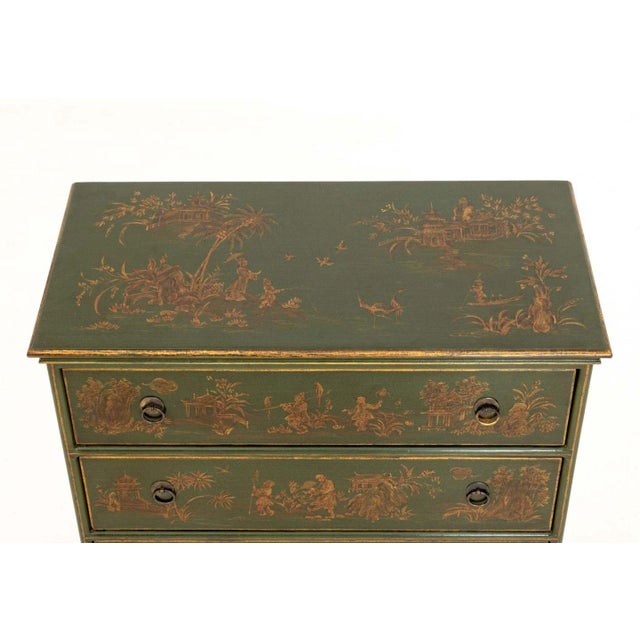 William and Mary Style Green Lacquered Chinoiserie Decorated Chest of Three Drawers, with gilt figural decoration atop...