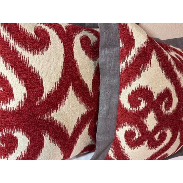Traditional Pair of Custom Beige Jacquard Brick Red Chenille Scrolled Pillows With Linen Flange, Late 20th Century For Sale - Image 3 of 12