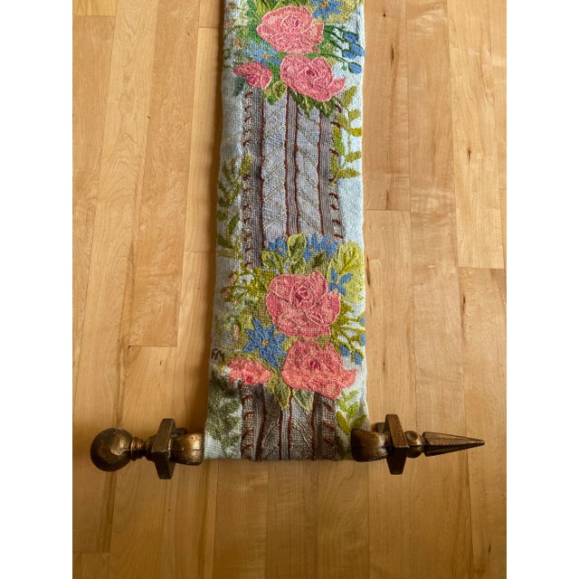 Vintage hand crafted needlepoint hanging mounted on heavy cast metal brackets. Textile is in great shape with minimal...