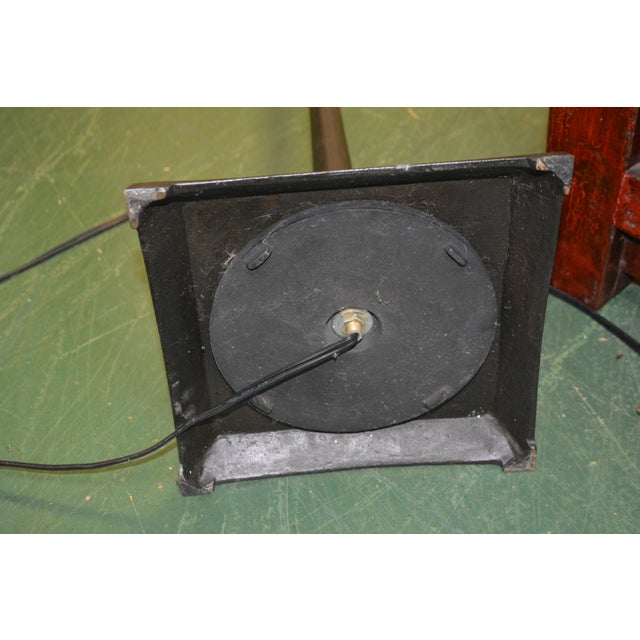 1990s Mission Style Stained Glass Floor Lamp Cream & Black W/ Bronzed Metal Column & Square Iron Base For Sale - Image 12 of 14