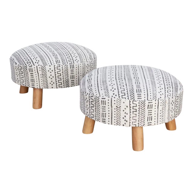 Pair of White & Black Mudcloth Dhurrie Ottoman Stools For Sale