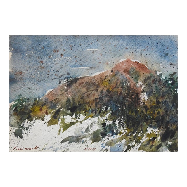 1959 Impressionist Mountain Landscape Watercolor Painting For Sale
