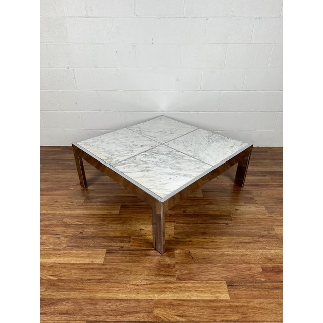 Chrome and white modern marble coffee which is attributed to The Pace Collection with Leon Rosen as the designer