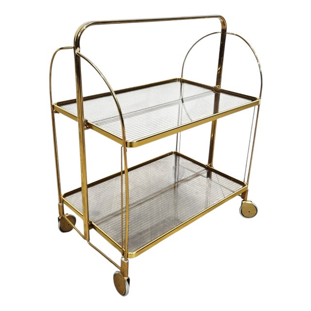 Mid-Century Modern Folding Bar Cart in Brass and Ribbed Acrylic Glass, 1960s For Sale