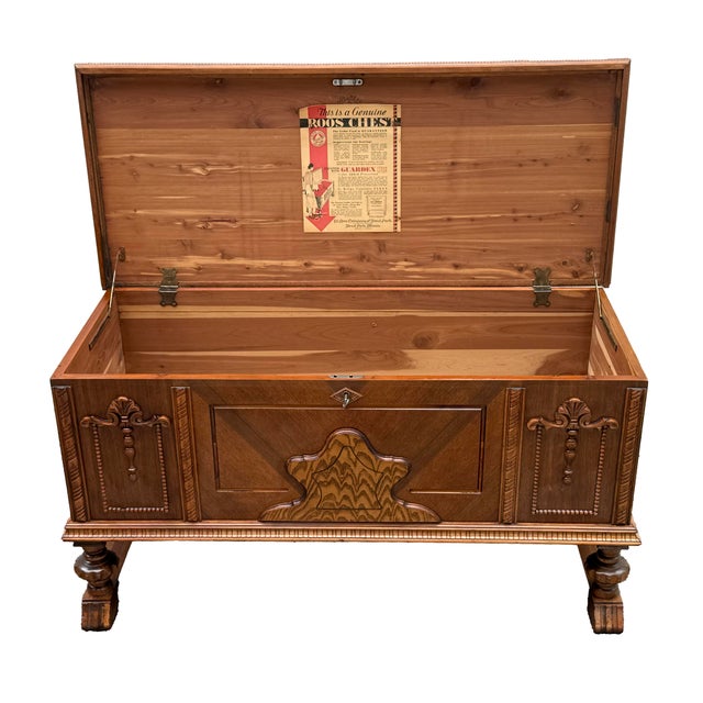 Absolutely gorgeous blanket chest by Roos. This cedar chest has a raised Jacobean design supported by four wooden legs,...