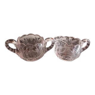 Vintage Etched Clear Glass Creamer & Sugar Set- 2 Pieces For Sale