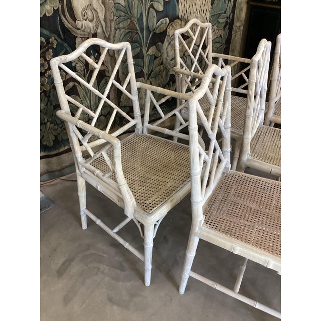 White Set of 8 Bleached Chinese Chippendale Faux Bamboo Dining Chairs For Sale - Image 8 of 10