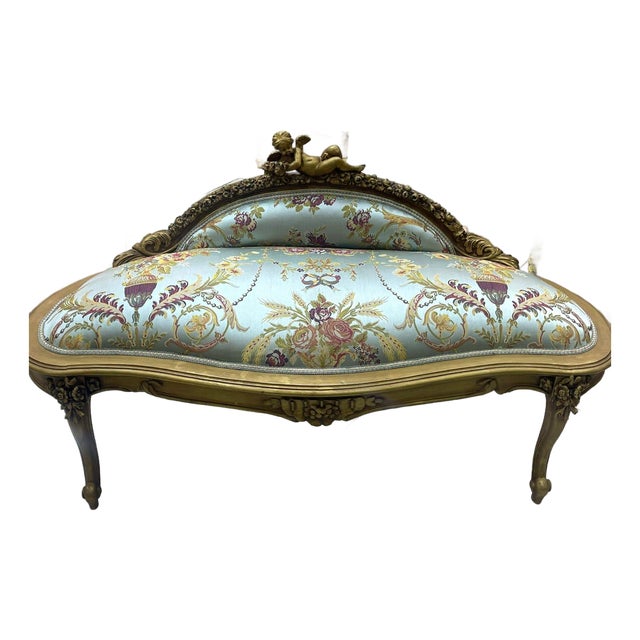 Rococo Gold Leaf Green-Blue Settee With Cherub Crest & Damask Upholstery For Sale
