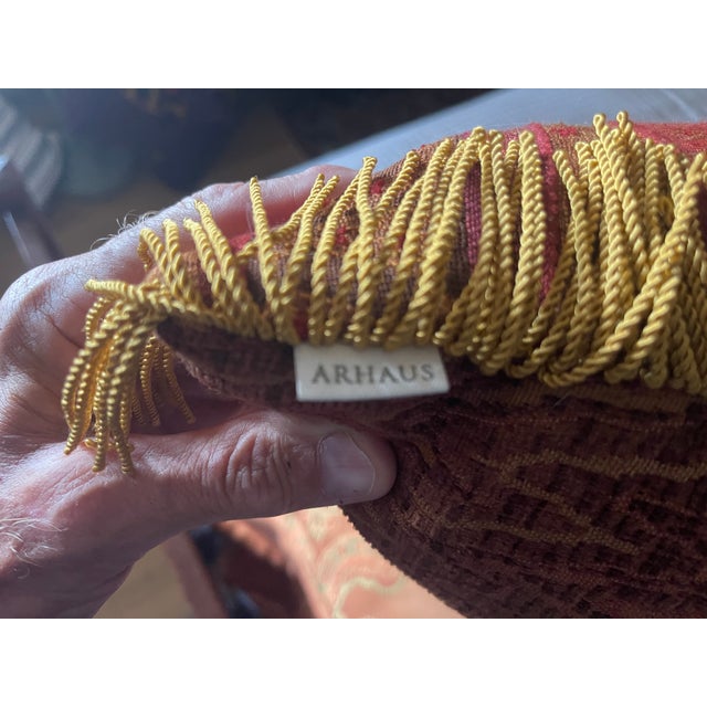 Mid-Century Modern Arhaus Cotton Orange/Red Paisley Greek Key With Gold Fringe Down Throw Pillow For Sale - Image 3 of 5