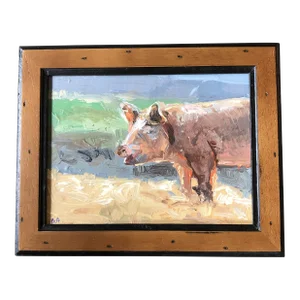 Contemporary Impressionist Small Pig Painting Wood Frame