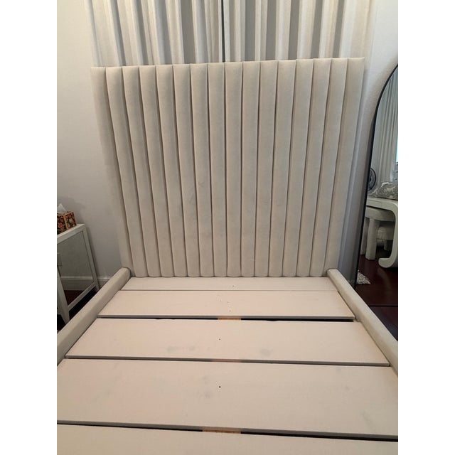 Custom Queen Upholstered Bed – Off-White Velvet Channel-Tufted Headboard For Sale - Image 4 of 5