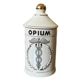 Mid-Century Handpainted Porcelain “Opium” Apothecary Canister in the Style of Piero Fornasetti Made in Japan For Sale