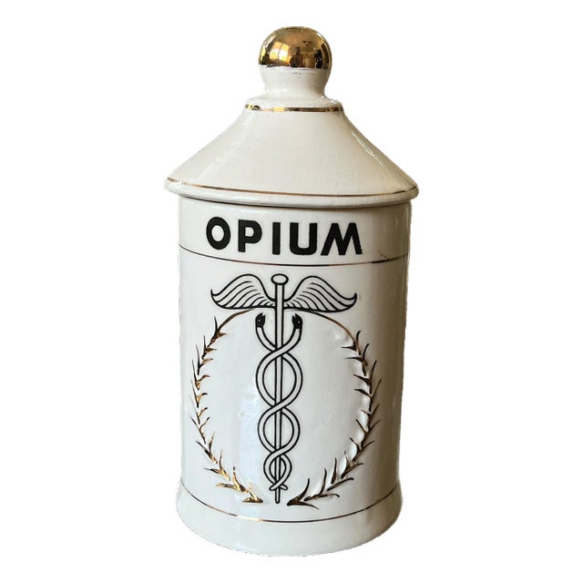 Mid-Century Handpainted Porcelain “Opium” Apothecary Canister in the Style of Piero Fornasetti Made in Japan For Sale