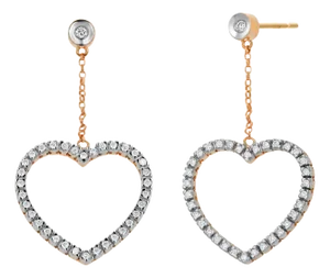 14 Karat Yellow White Gold Diamond Open Delicate Heart 1.60 Inch Long Earrings - 2 Pieces