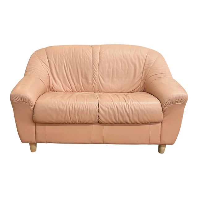 1980's 100% Leather Made in Italy Overstuffed Peach Loveseat, Pale Pink W Light Birch Legs For Sale