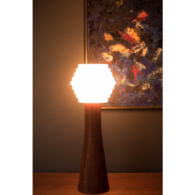 Mid-Century Modern Vintage Sculptural Scandinavian Walnut and Glass Accent Table Lamp For Sale - Image 3 of 15
