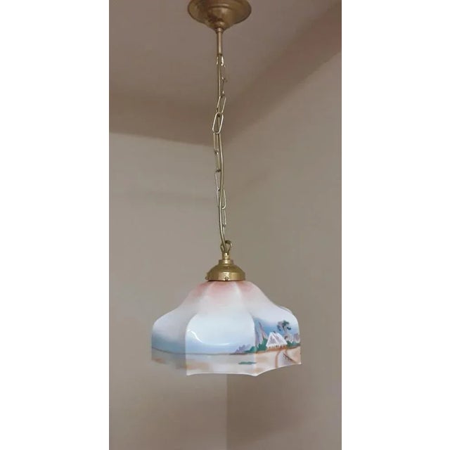 Small Kitchen Lamp with Glass Shade in Colored Spray Decor, 1920s, in Very Good conditions. Designed 1920 to 1949 European...