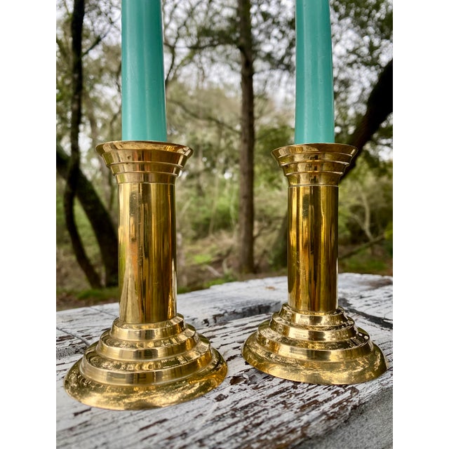 Aldo Londi Brass Post Modern Neoclassical Cylindrical Candle Holders, a Pair (After Michael Graves) For Sale - Image 4 of 10