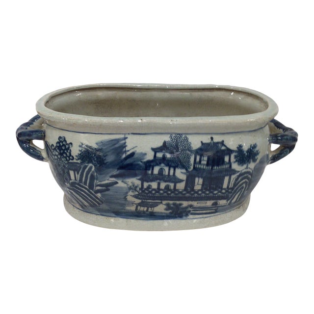 Chinoiserie Blue & White Foot Bath Planter For Sale