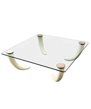 1970's Glass Coffee Table With Faux Tusk Legs and Brass Caps