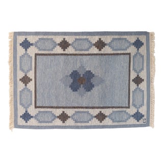 Mid-Century Modern Swedish Kilim Rug in Blues and Browns, 1960s For Sale