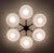 Italian midcentury flush mount with six glossy white Murano glass shades mounted on solid brass frame in satin nickel...