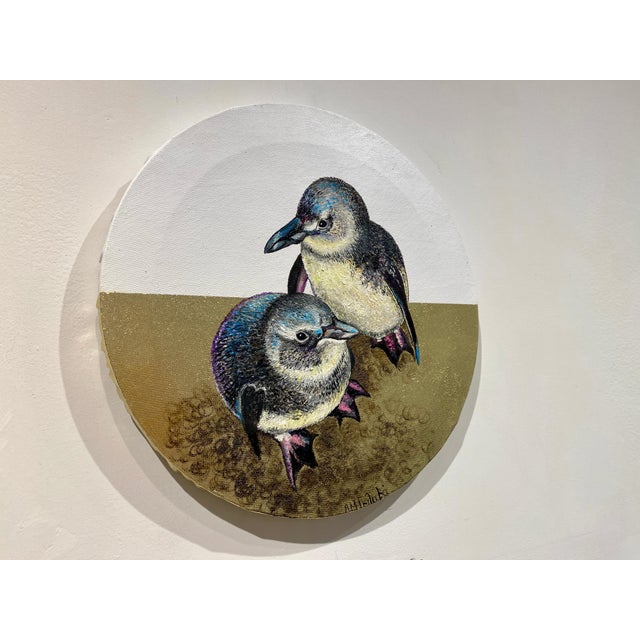 Anastasia Gklava, Baby Penguins, Oil Painting with Gold Leaf on Round Canvas, 2025 For Sale - Image 4 of 18