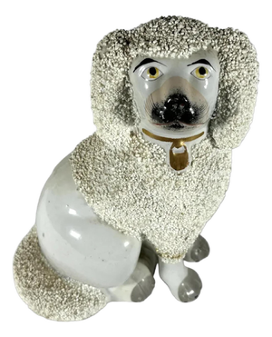 Antique Staffordshire Confetti Poodle Figurine: Hand-Painted Pottery c. 1880