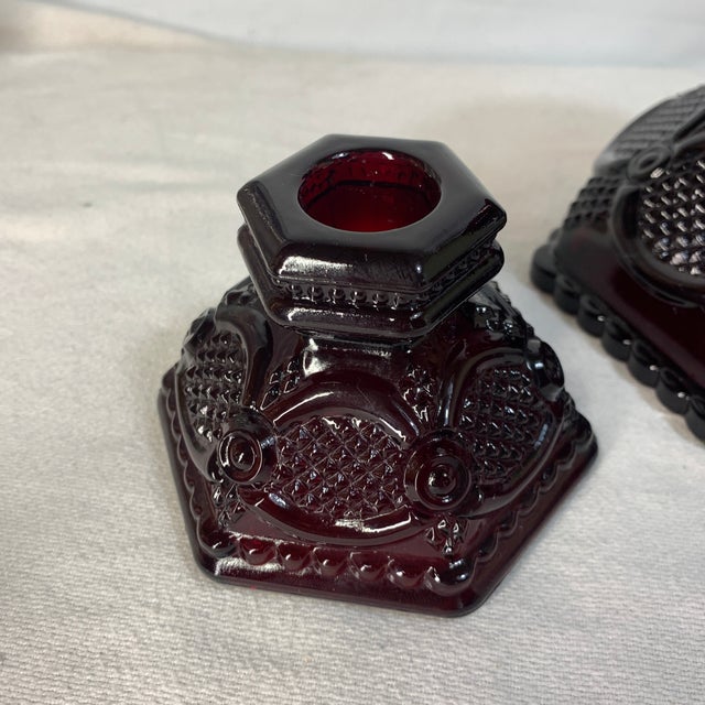 Vintage Avon 1876 Cape Cod Ruby Red Glass Candle Holder Set – 3 Pieces (Hurricane Base & Short Candlesticks) For Sale - Image 4 of 6