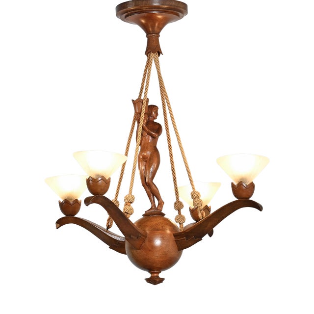 Carved Oak Chandelier, 1920s For Sale