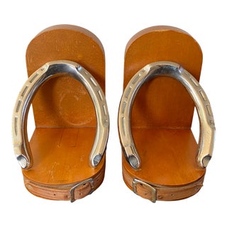 Equestrian Style Nickel Plated Horseshoe, Leather and Maple Bookends - Pair For Sale