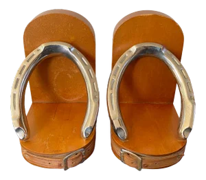 Equestrian Style Nickel Plated Horseshoe, Leather and Maple Bookends - Pair