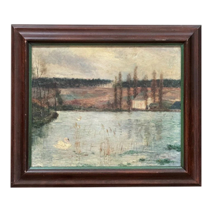 Naïve French Oil-on-Canvas Landscape Painting With Swan, 19th C.
