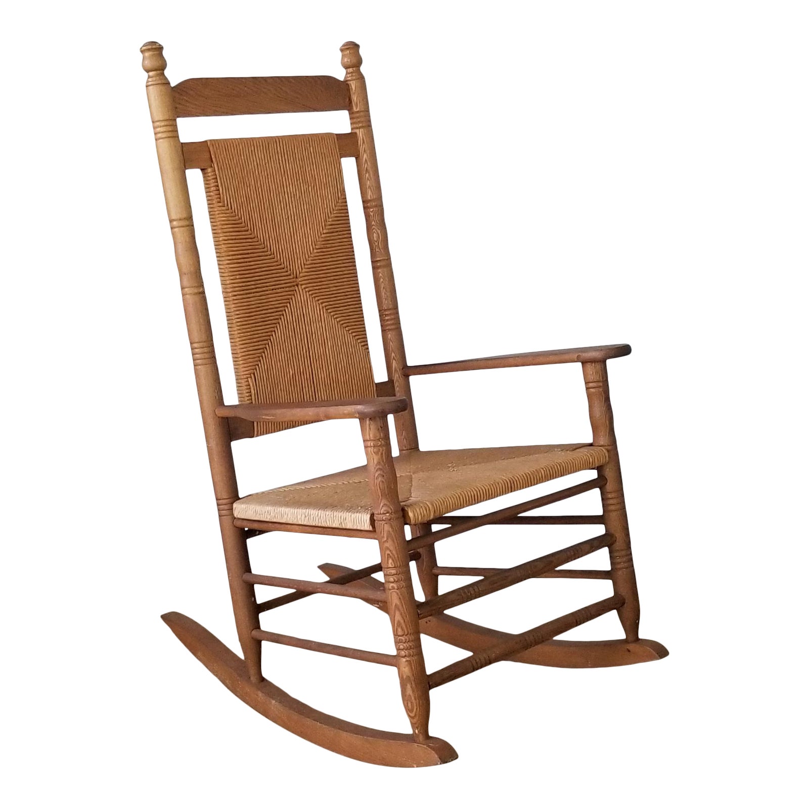 Vintage Oak And Woven Rush Cracker Barrel Rocker Chair Chairish Vintage Oak And Woven Rush Cracker Barrel Rocker Chair Chairish