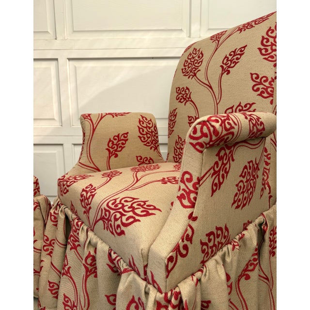 Pair of Vintage Skirted Swan Arm Chairs With Red Embroidered Textile For Sale - Image 9 of 15