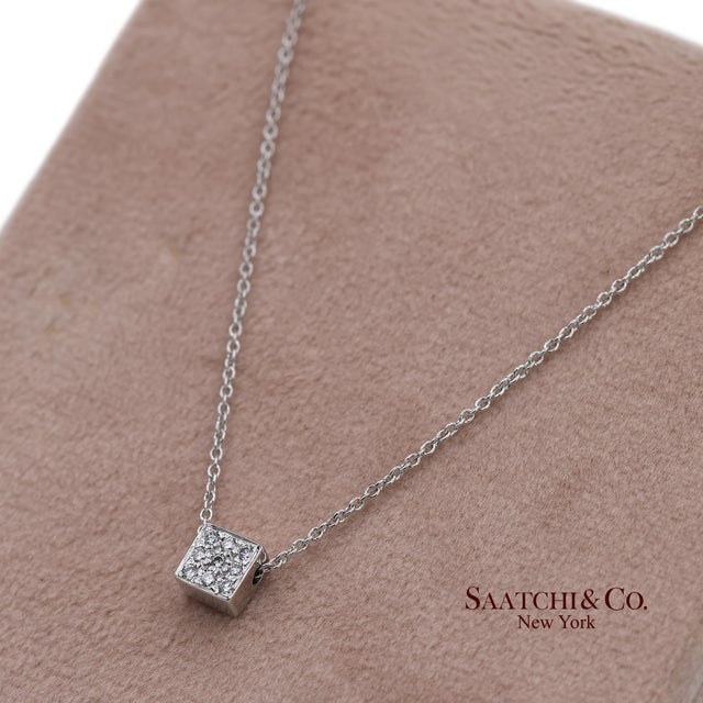 18k(750) White Gold Natural Diamond Square Box Shape Pendant Necklace With Chain For Sale - Image 9 of 11