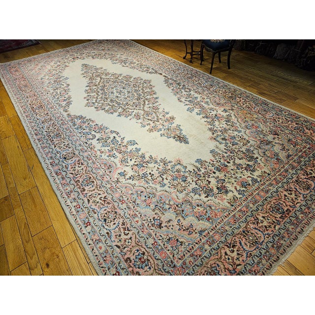 Vintage Oversized Persian Qazvin Area Rug, Hand-Knotted Wool, Floral Medallion, 10x20, Ivory & Blue For Sale - Image 4 of 18