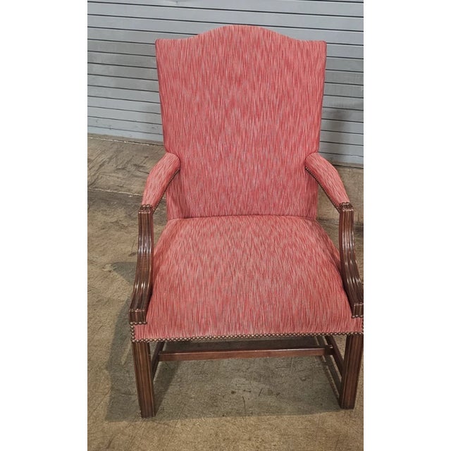 Late 20th Century Pair of Baker Furniture Mahogany Open Arm Chairs Chippendale Style Red Moire Fabric For Sale In Cleveland - Image 6 of 11