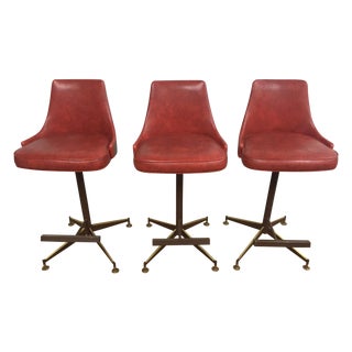 Mid-Century Red Vinyl Bar Stools - Set of 3 For Sale