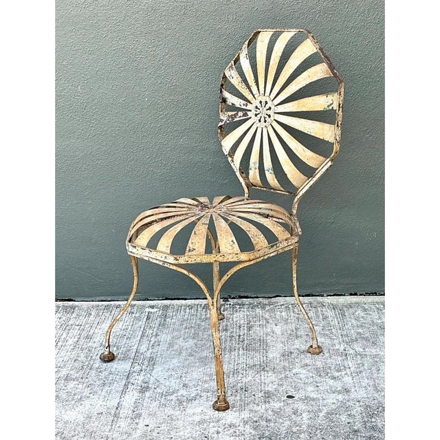 Beige Vintage Heavily Distressed Francois Carre Sunburst Metal Chair For Sale - Image 8 of 12