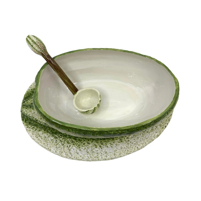 Vintage Italian Majolica Green Stipe Melon Tureen Tablescape Decor For Sale - Image 9 of 12