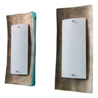 Sconces in Gilded Low Relief Alloy and Opaline Glass. Germany 1980 from Fischer Leuchten, Set of 2 For Sale