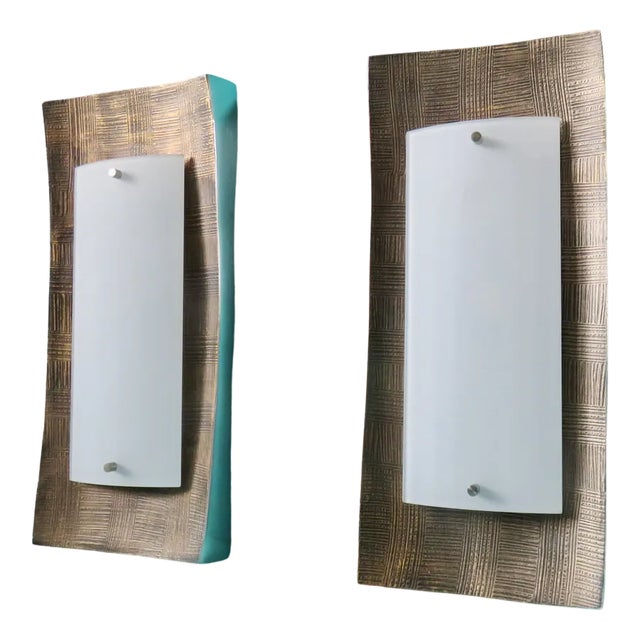 Sconces in Gilded Low Relief Alloy and Opaline Glass. Germany 1980 from Fischer Leuchten, Set of 2 For Sale