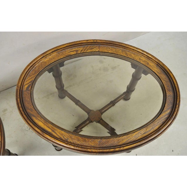 Vintage Chinese Chippendale Faux Bamboo Oval Small Glass Top Side End Table Pair For Sale - Image 4 of 11