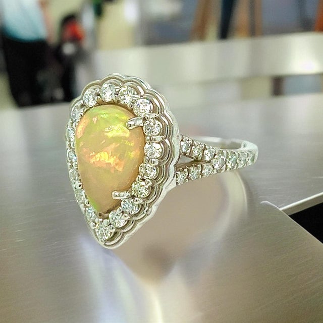 Natural Opal Diamond Ring 6.25 14k W Gold 2.35 TCW Certified For Sale - Image 4 of 11