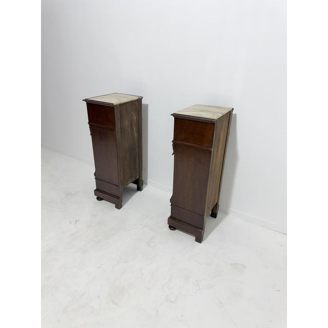 Brown Sicilian Hand-Carved Bedside Tables with Marble Tops, 1940, Set of 2 For Sale - Image 8 of 18