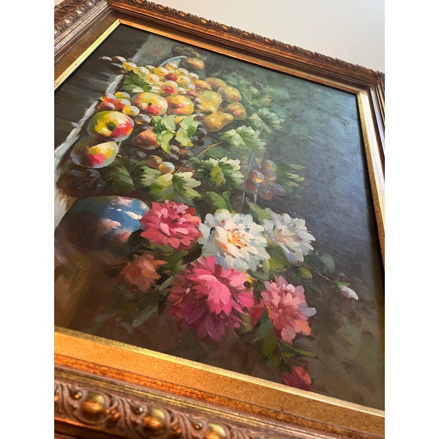 Late 20th Century Floral Still Life Oil Painting on Canvas, Gold Ornate Frame For Sale - Image 12 of 15